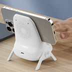 Arenzza multifunctional wireless fast charger phone stand holding a smartphone, with charging indicator and sleek electronic design.