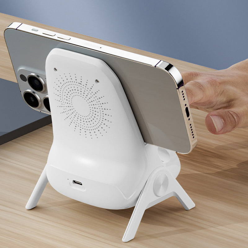 Arenzza multifunctional wireless fast charger phone stand holding a smartphone, with charging indicator and sleek electronic design.