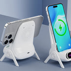 Arenzza multifunctional wireless fast charger phone stand holding a smartphone, with charging cable and sleek electronic design.
