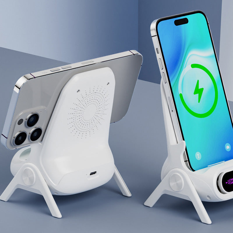 Arenzza multifunctional wireless fast charger phone stand holding a smartphone, with charging cable and sleek electronic design.