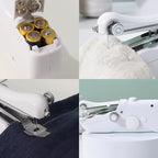 Arenzza mini electric sewing machine in white, showing its compact design and control dials for portable sewing projects
