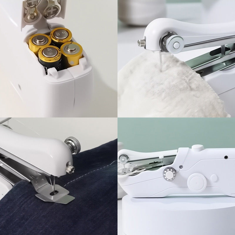 Arenzza mini electric sewing machine in white, showing its compact design and control dials for portable sewing projects
