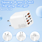 Arenzza Universal GaN 8-Port Fast Wall Charger with multiple USB ports for fast device charging on a white background.