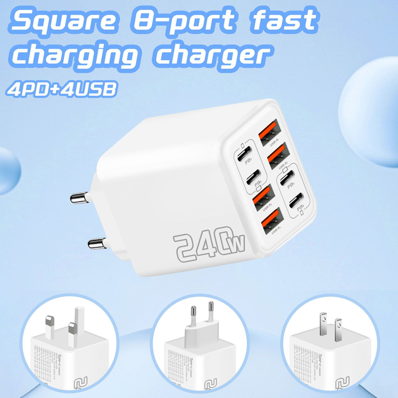 Arenzza Universal GaN 8-Port Fast Wall Charger with multiple USB ports for fast device charging on a white background.
