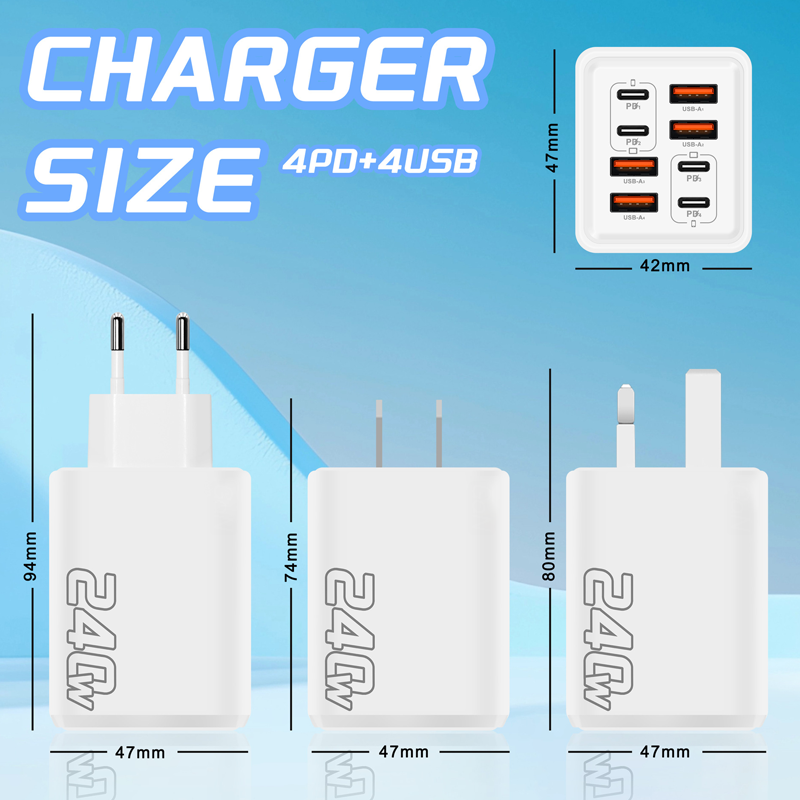 Arenzza Universal GaN 8-Port Fast Wall Charger with multiple USB ports and compact design for fast device charging.