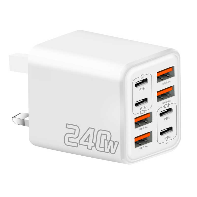 Arenzza Universal GaN 8-Port fast wall charger with multiple USB ports, compact design, and sleek black finish for electronic device charging.