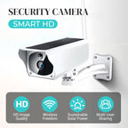 Arenzza wireless solar-powered HD security camera with weatherproof design, mounted outdoors with solar panel and camera lens visible.