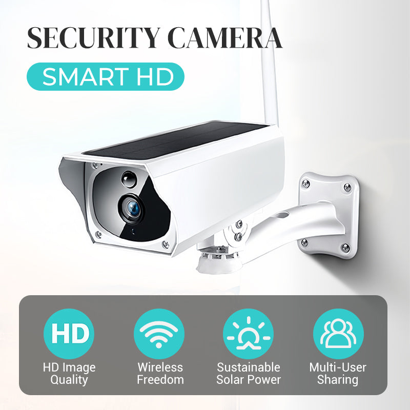 Arenzza wireless solar-powered HD security camera with weatherproof design, mounted outdoors with solar panel and camera lens visible.