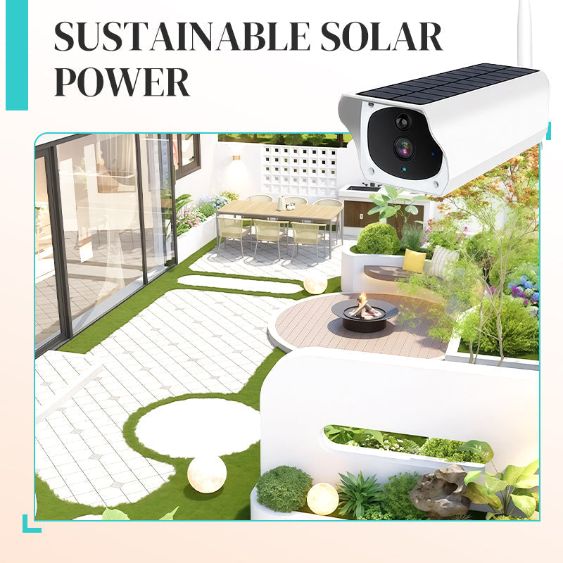 Arenzza wireless solar-powered HD camera with weatherproof design, mounted outdoors showing its lens and solar panel for surveillance.