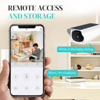 Aarenza wireless solar-powered HD security camera with weatherproof design and mounting accessories, ideal for outdoor surveillance.