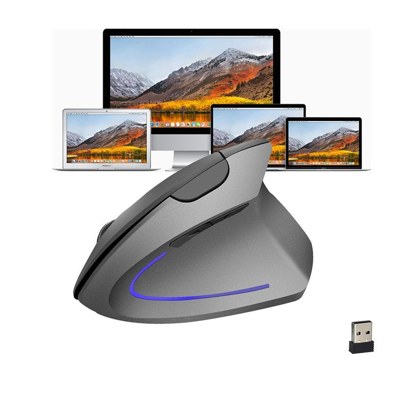Arenzza wireless rechargeable ergonomic vertical optical mouse showing a sleek black design and ergonomic shape for comfortable use.