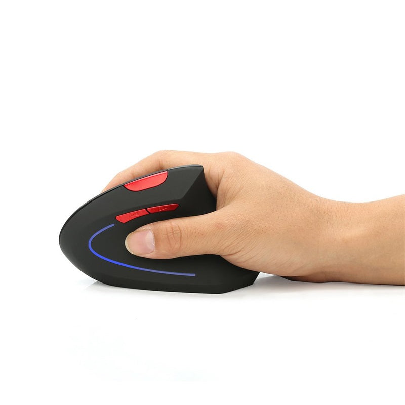 Arenzza wireless rechargeable ergonomic vertical optical mouse with USB receiver, showing its sleek design and side buttons.