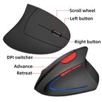 Arenzza wireless rechargeable ergonomic vertical optical mouse with USB receiver and sleek black design on a desk.