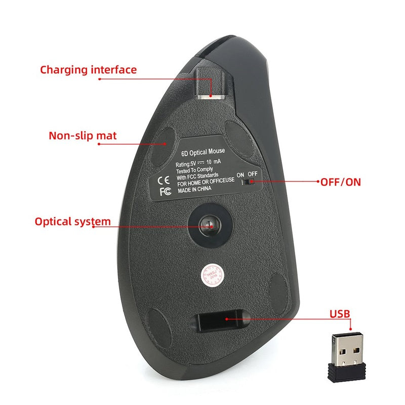 Arenzza wireless rechargeable ergonomic vertical optical mouse in black, designed for comfortable hand positioning and smooth scrolling.