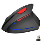 Arenzza wireless rechargeable ergonomic vertical optical mouse with USB connection, black design, and contoured shape for comfortable use.