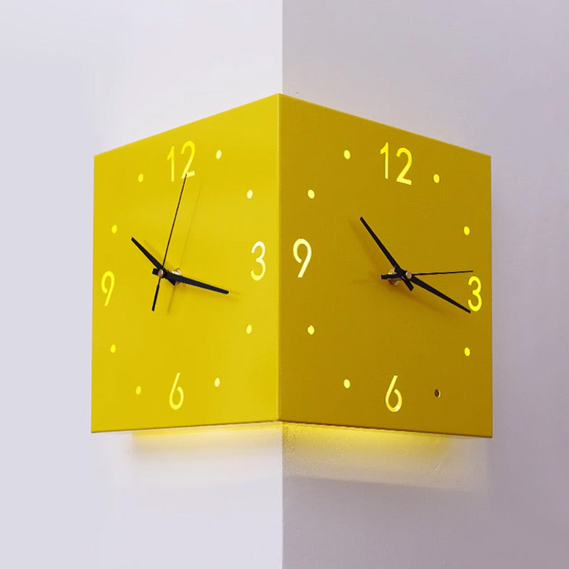 Arenzza 3D double-sided corner wall clock with automatic induction, modern electronic design, mounted on a wall.