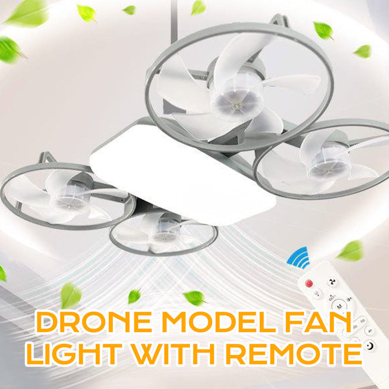 Arenzza 3-speed E27 drone model fan light with remote control, mounted on a ceiling with visible fan blades and light fixture.