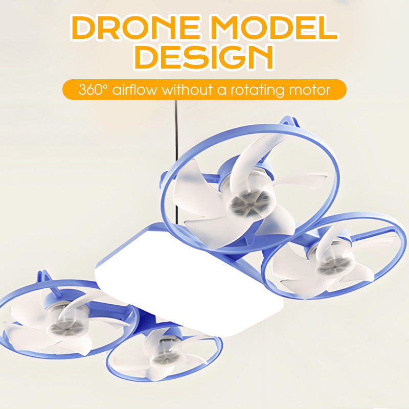 Arenzza 3-speed E27 drone model fan light with remote control, featuring sleek electronic design and adjustable fan blades.