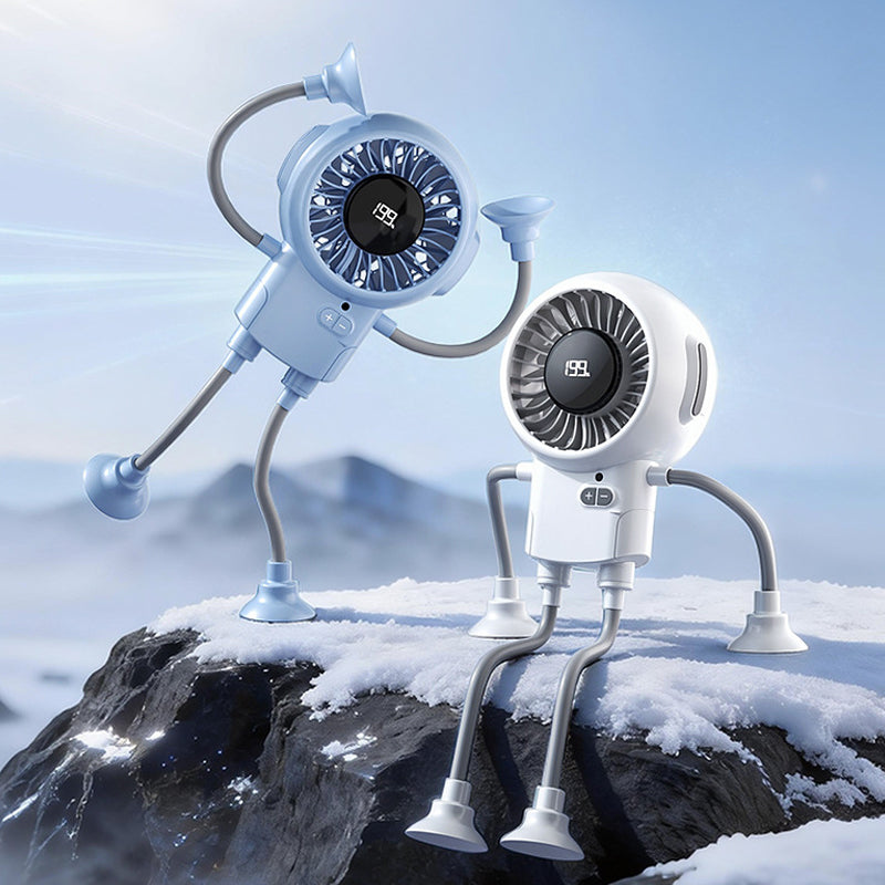 Arenzza multi-functional robot fan with suction cups, compact electronic device, featuring adjustable fans and sleek design.