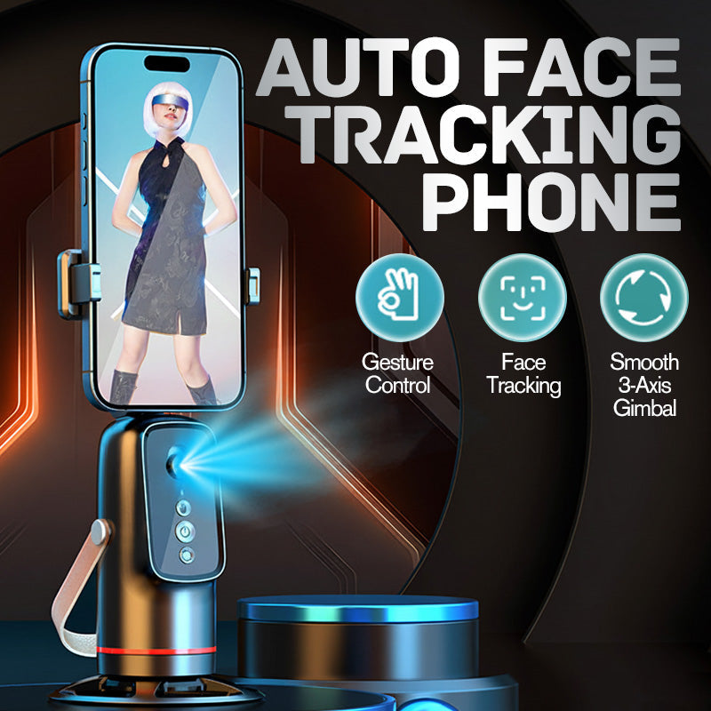 Arenzza auto face tracking phone holder with gesture control, mounted on a desk, showcasing its sleek electronic accessory design.