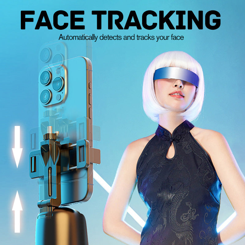 Arenzza auto face tracking phone holder with gesture control, mounted on a tripod, displaying smartphone with facial recognition features.