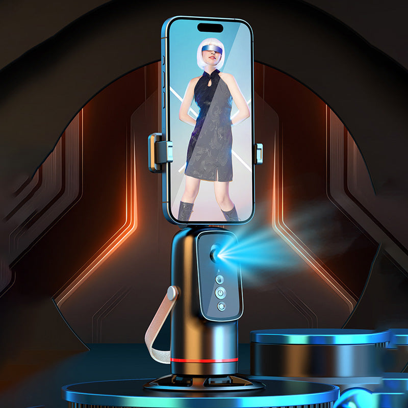 Arenzza auto face tracking phone holder with gesture control mounted on a desk, showing its adjustable arms and sleek design.