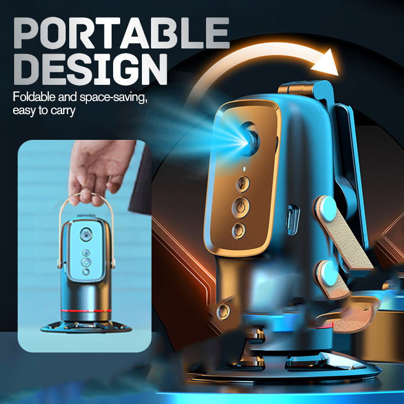 Arenzza auto face tracking phone holder with gesture control, mounted on a desk, showing adjustable arms and sleek electronic design.