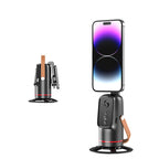 Arenzza auto face tracking phone holder with gesture control, mounted on a desk, showing its adjustable design and smartphone grip.