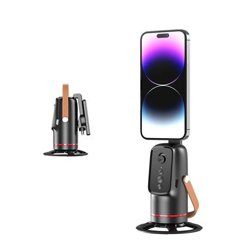 Arenzza auto face tracking phone holder with gesture control, mounted on a desk, showing its adjustable design and smartphone grip.