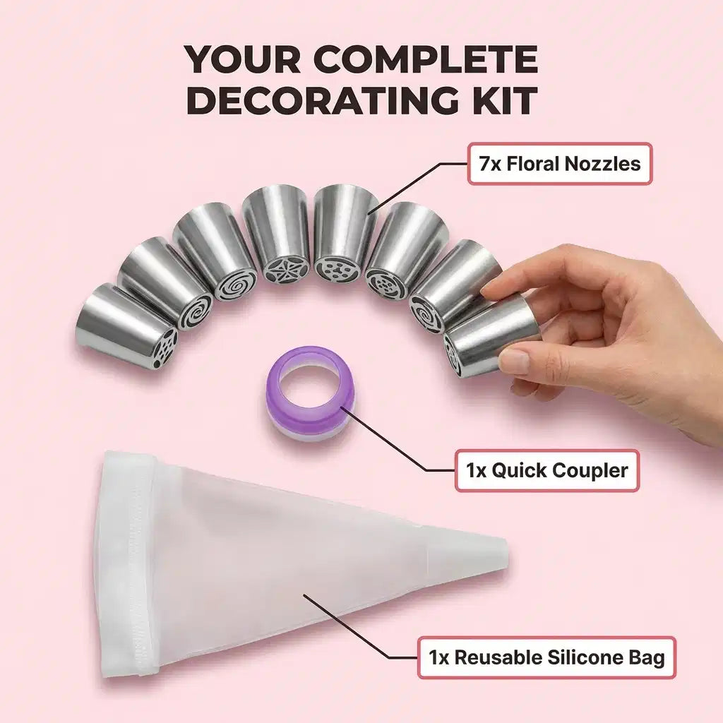 Arenzza pastry nozzles and piping bags for cake decorating, with assorted nozzles and piping tools for beautiful surprise cakes.