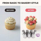 Arenzza Pastry Nozzles and piping bags for cake decorating, shown before and after use on a decorated cake.