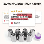 Arenzza Pastry Nozzles and piping bags for cake decorating, displayed on a wall with decorated surprise cakes in the background.