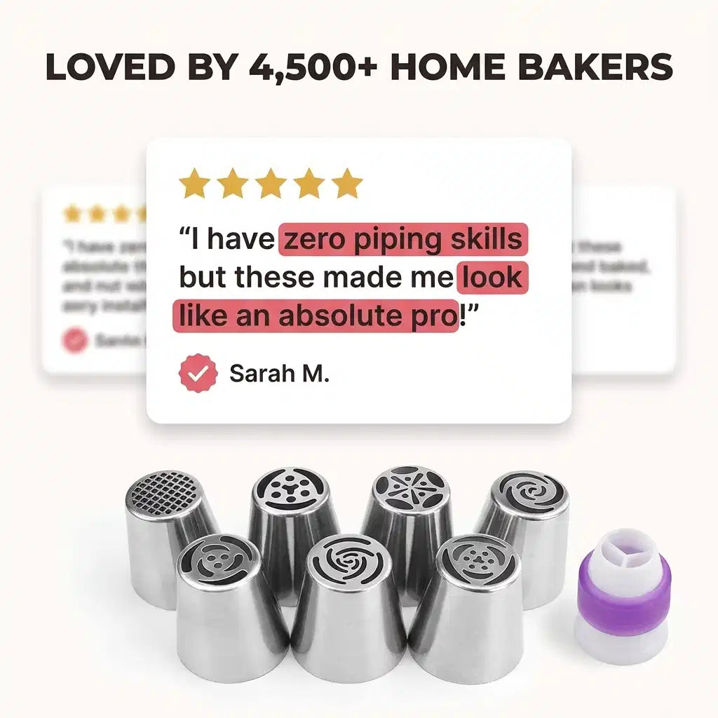 Arenzza Pastry Nozzles and piping bags for cake decorating, displayed on a wall with decorated surprise cakes in the background.
