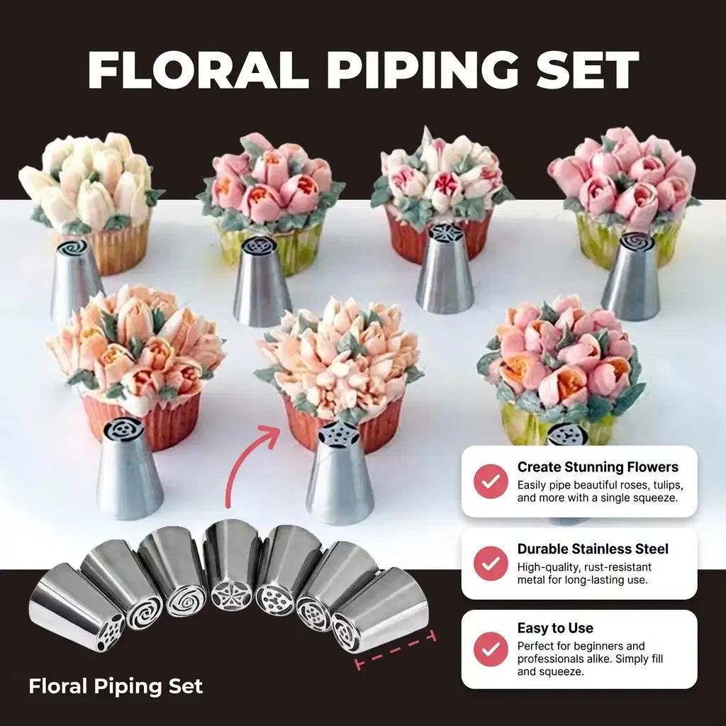 Arenzza Pastry Nozzles set with piping bags for cake decorating, featuring various tips for creating beautiful surprise cakes.