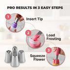 Arenzza Pastry Nozzles set with piping bags, showing step-by-step guide for making decorative cakes and surprise cake designs.