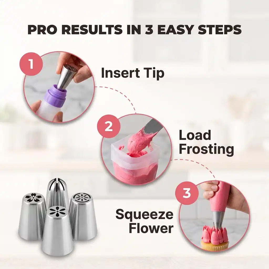 Arenzza Pastry Nozzles set with piping bags, showing step-by-step guide for making decorative cakes and surprise cake designs.