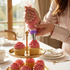 Arenzza Pastry Nozzles set with piping bags shown in a lifestyle scene, used for decorating cakes and creating beautiful pastry designs.