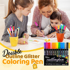Arenzza glitter coloring pen set with double outline design, featuring vibrant pens arranged in a colorful display for gifts and crafts.