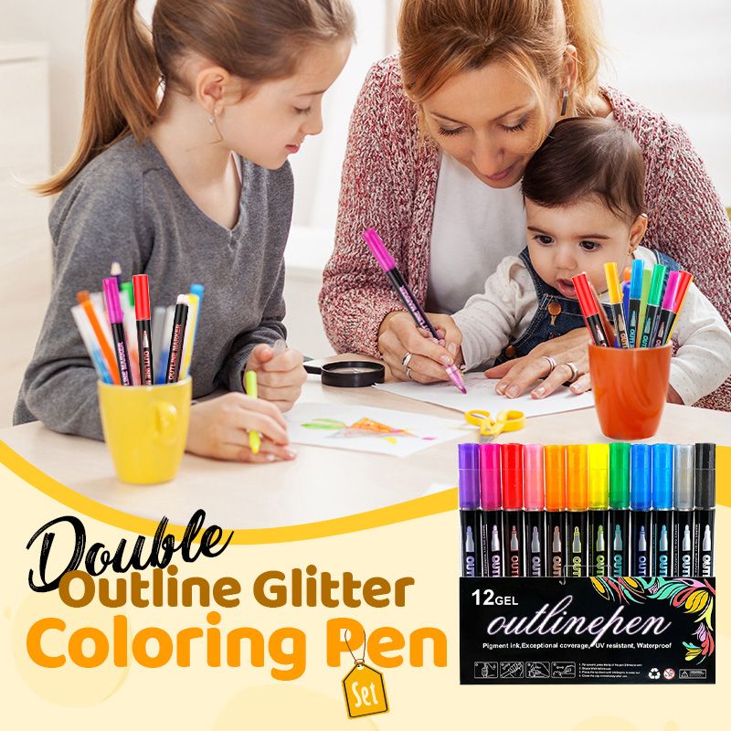 Arenzza glitter coloring pen set with double outline design, featuring vibrant pens arranged in a colorful display for gifts and crafts.