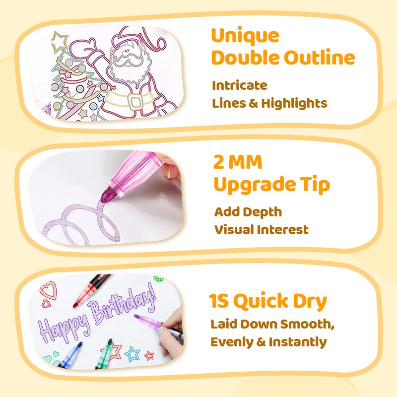 Arenzza double outline glitter coloring pen set with vibrant colors and shiny accents, perfect for gifts and creative projects.
