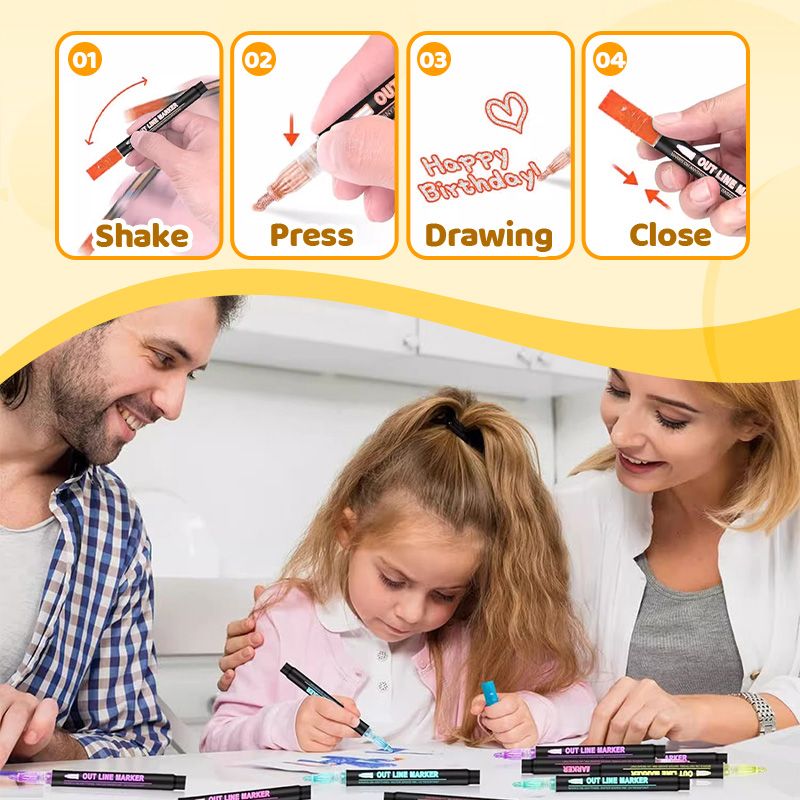 Arenzza glitter coloring pen set with double outline design, featuring vibrant colors and shiny finishes, ideal for gifts and creative projects.