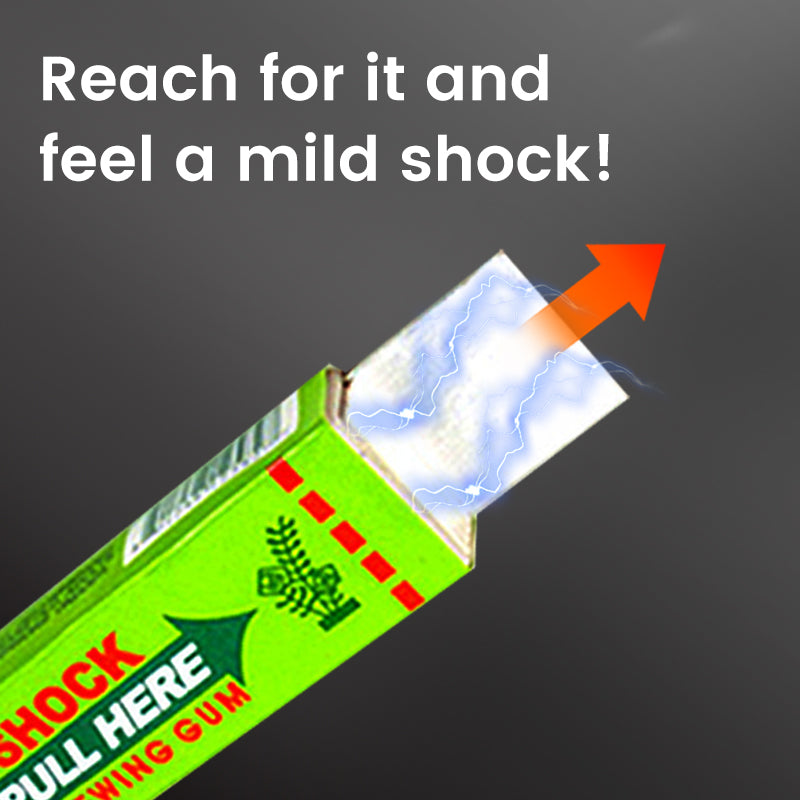Arenzza Safety Trick Electric Shock Chewing Gum gift toy showing realistic-looking gum in a colorful packaging.