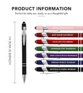 A set of seven Arenzza stress-relief metal ballpoint pens with funny daily quotes for office or Christmas gift exchange.