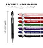 A set of seven Arenzza stress-relief metal ballpoint pens with funny daily quotes for office or Christmas gift exchange.
