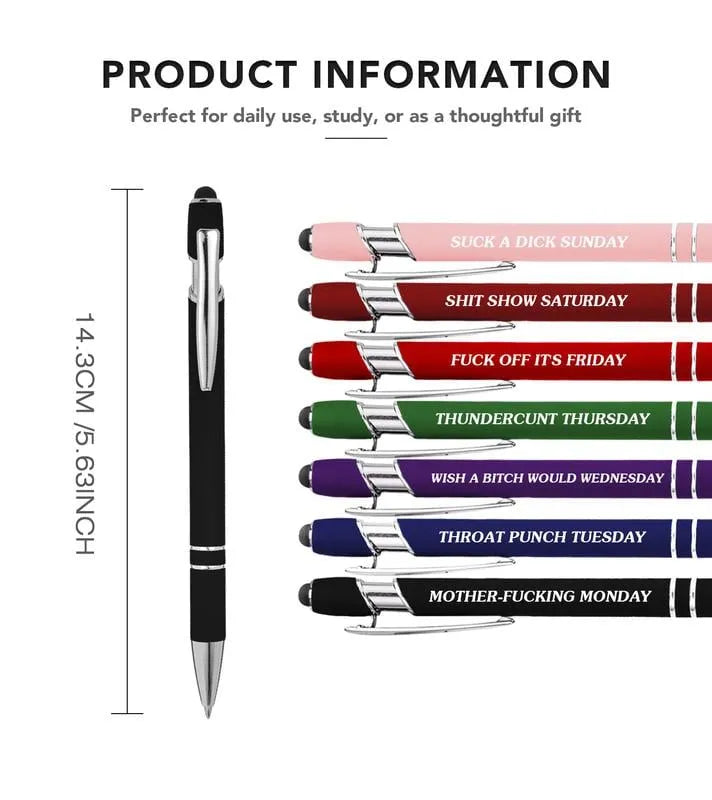 A set of seven Arenzza stress-relief metal ballpoint pens with funny daily quotes for office or Christmas gift exchange.