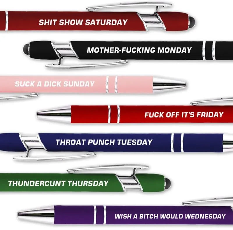 Arenzza stress-relief metal ballpoint pen set with humorous quotes, featuring 3 pens with colorful designs on a white background.