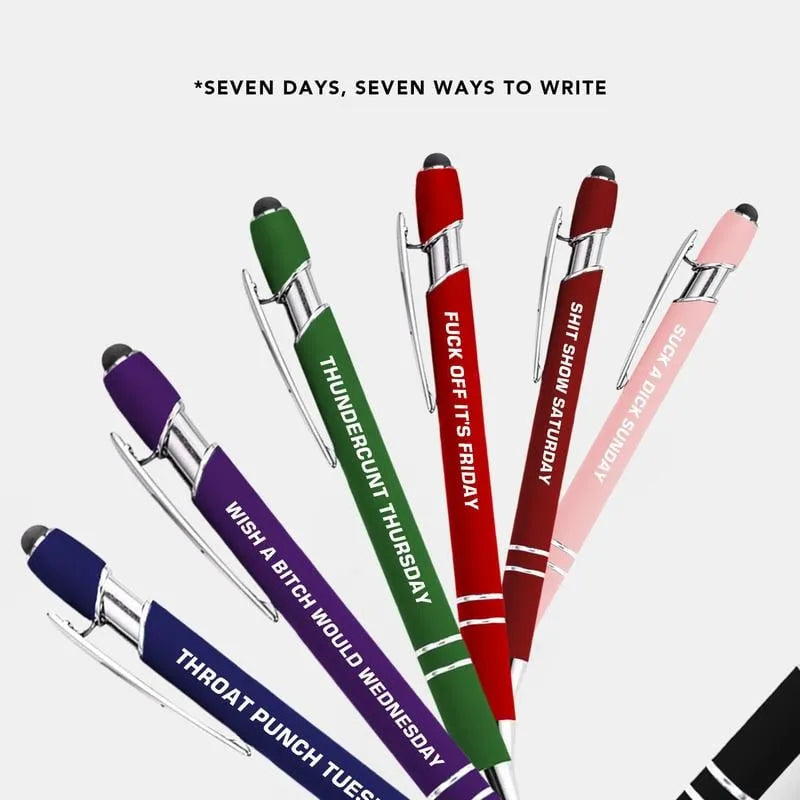 Arenzza funny stress-relief quote metal ballpoint pen set with 7 pens, featuring humorous daily quotes, ideal for office gifts.