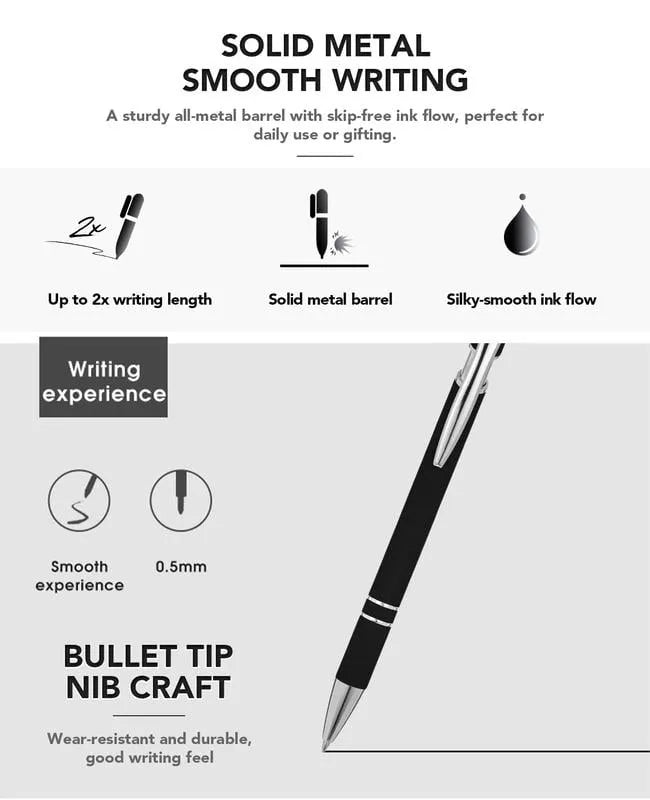 A set of seven Arenzza stress-relief metal ballpoint pens with funny daily quotes, ideal as office Christmas gifts.