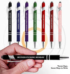 A set of seven Arenzza metal ballpoint pens with humorous stress-relief quotes, perfect as office Christmas gifts or desk accessories.