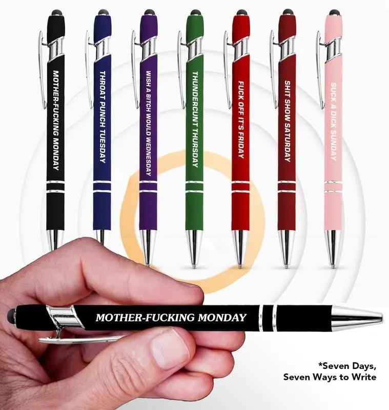 A set of seven Arenzza metal ballpoint pens with humorous stress-relief quotes, perfect as office Christmas gifts or desk accessories.